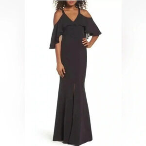 JAY GODFREY Black Flutter Chiffon Overlay Cold Shoulder Naomi Gown Dress Size 2